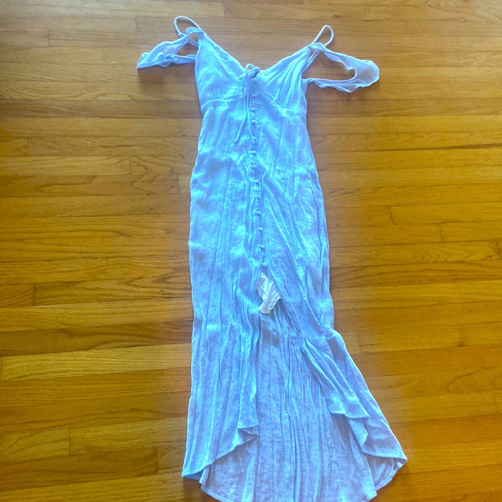 Blue off the shoulder stretchy dress.